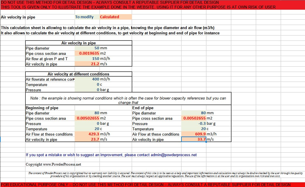 Herramienta de cálculo en Excel para velocidad del aire en tuberías