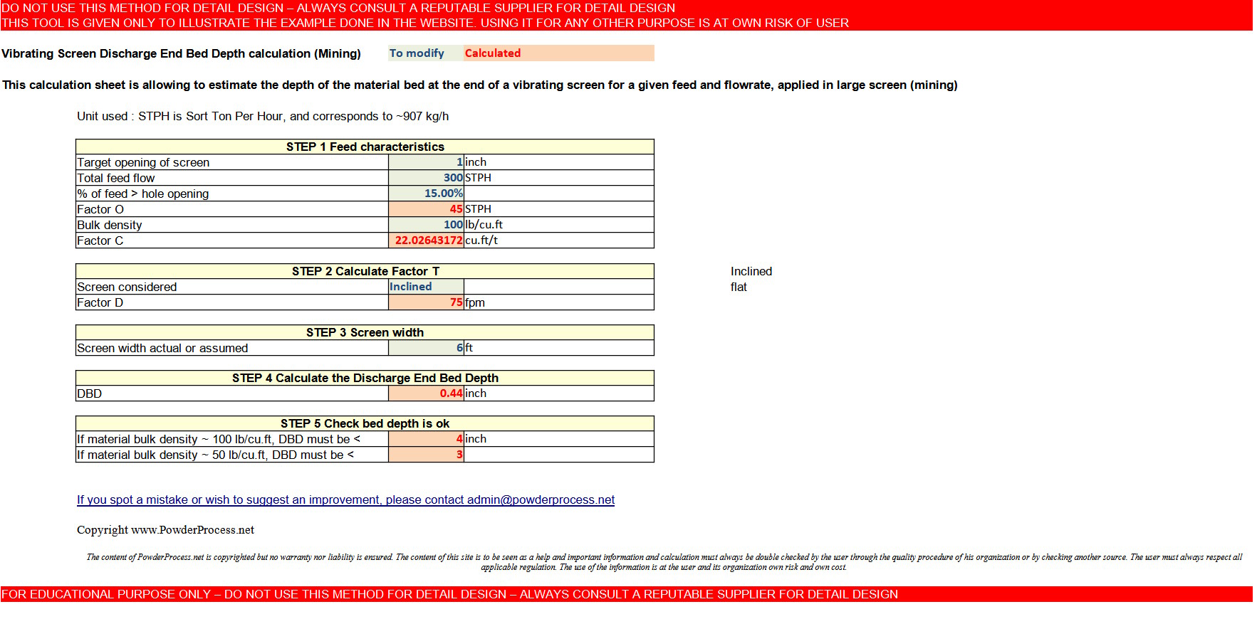 Calculadora de Excel para la profundidad del lecho de la pantalla vibrante en el extremo de descarga