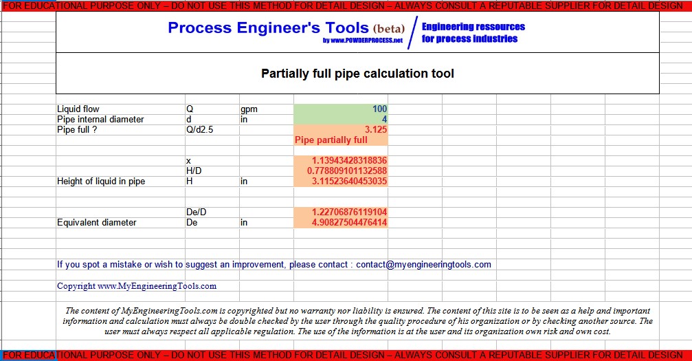 Screenshot Partially filled pipe calculator Screenshot Partially filled pipe calculator