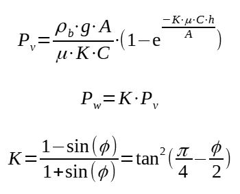 Equation of Jansen for calculation of pressure in silos (static, vertical section)